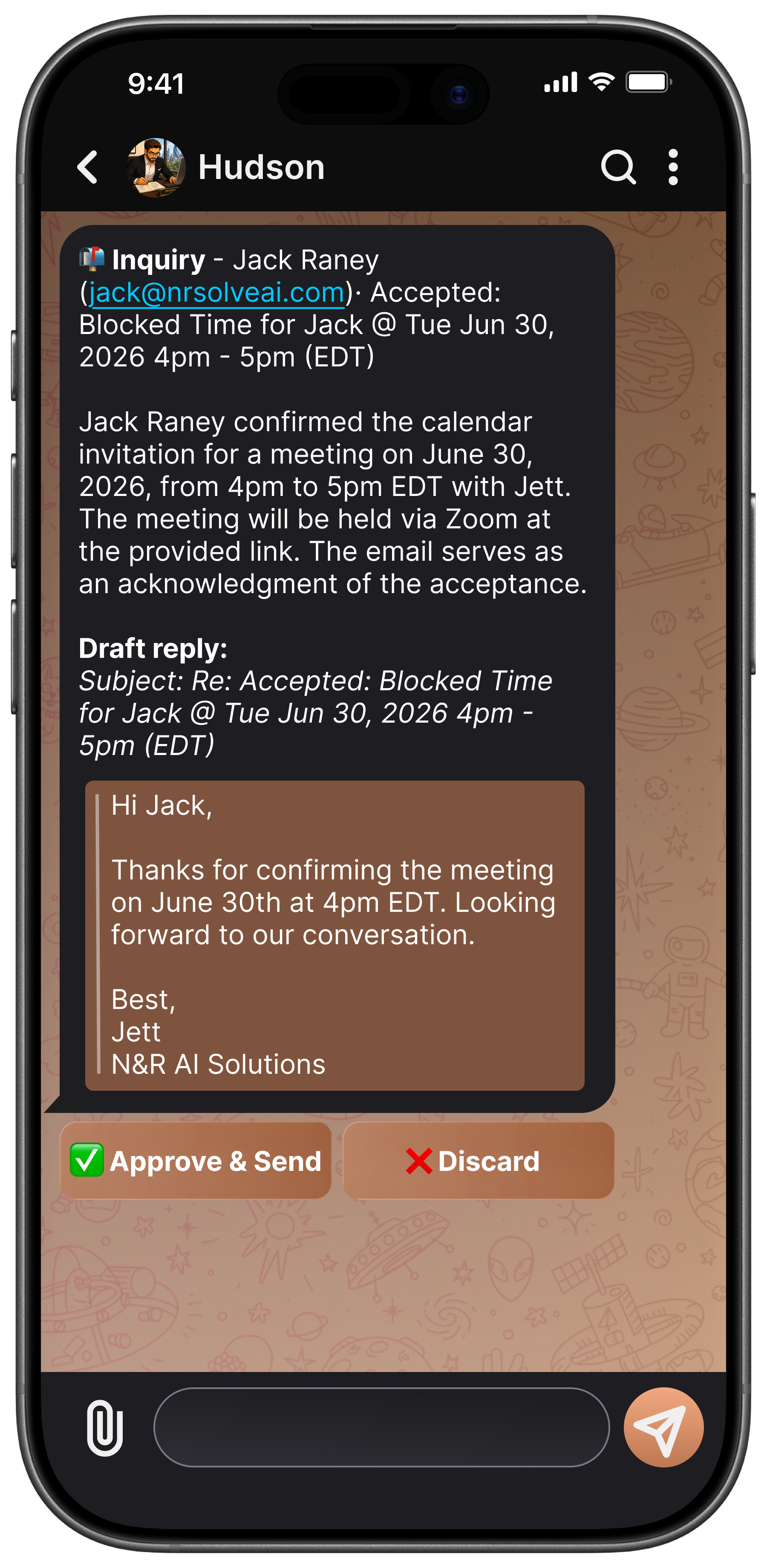Assistant confirming a meeting and drafting a calendar reply