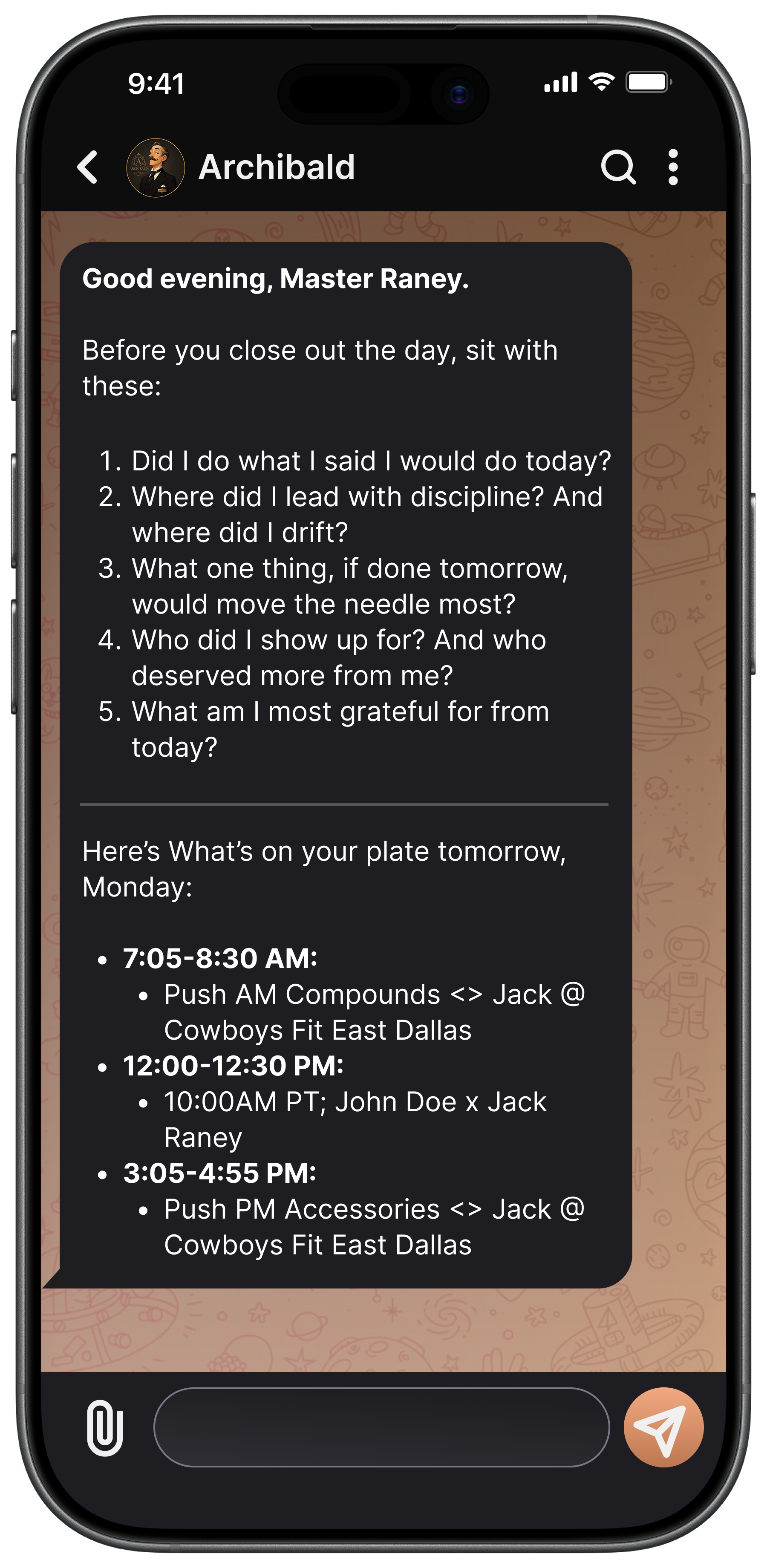 Assistant sending an evening reflection check-in and the next day's schedule